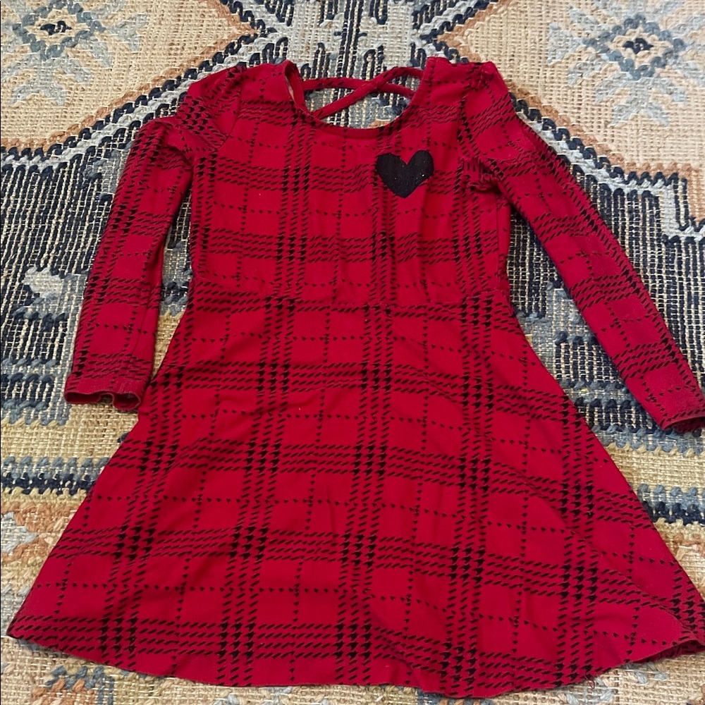 Girls Red Plaid Heart Long-Sleeve Dress